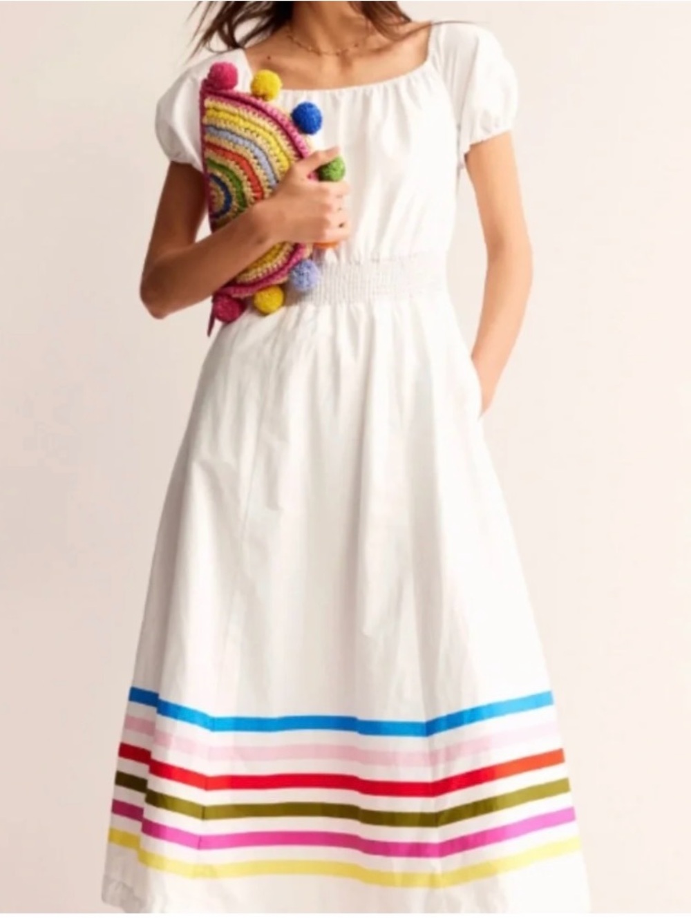 BODEN White Cotton Dress Colorful Stripes Puff Sleeve Size 4